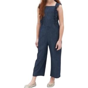 Gap Chambray Blue Apron Denim Wide Leg Ruffle Jumpsuit Romper Pockets Size 14/16